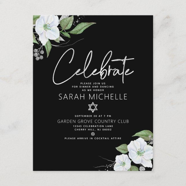 Carte D'accompagnement Aquarelle bat mitzvah noir Argent Script Floral (Devant)