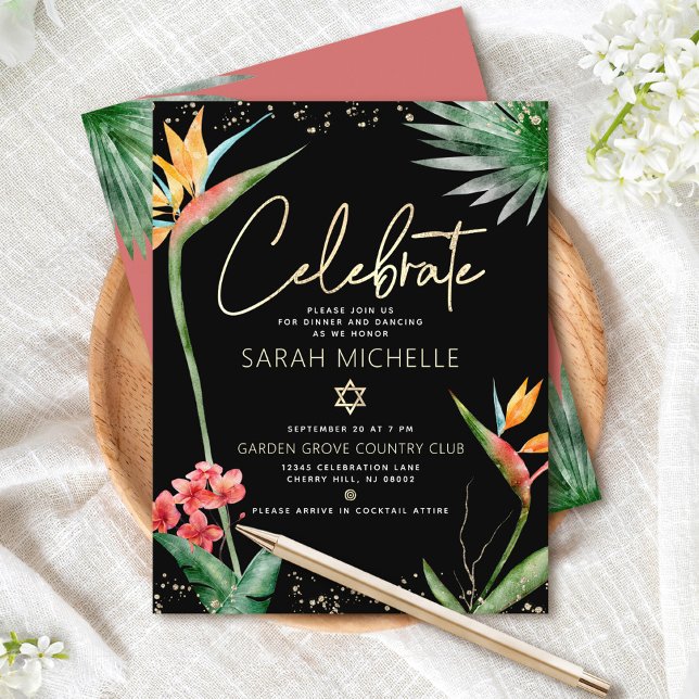 Carte D'accompagnement Aquarelle bat mitzvah Tropical Black Gold Floral (Créateur téléchargé)