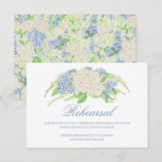 Carte D'accompagnement Aquarelle bleu et blanc Mariage de crête d'Hydrang (Devant / Derrière)