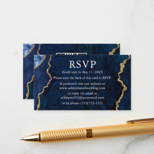 Carte D'accompagnement Aquarelle Bleu Marbre Mariage RSVP QR Retour