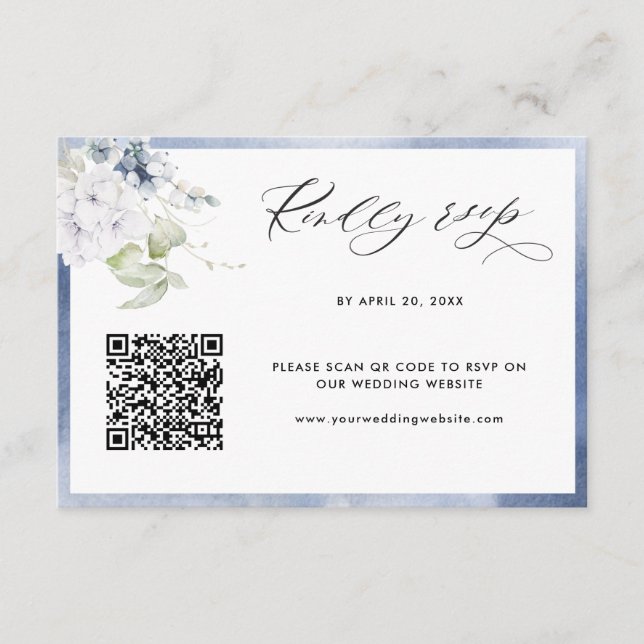 Carte D'accompagnement Aquarelle bleu marine, Mariage floral QR Code RSVP (Devant)