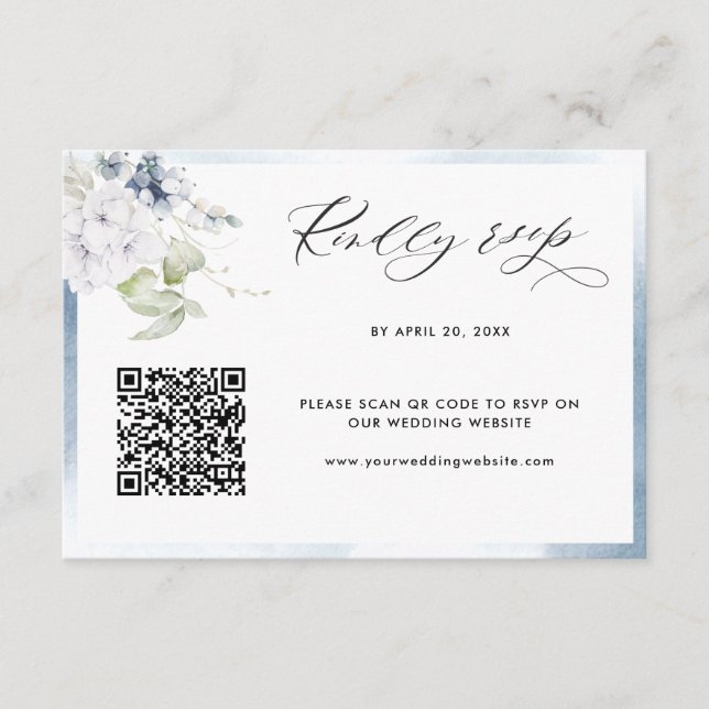 Carte D'accompagnement Aquarelle bleu pâle, Mariage floral QR Code RSVP (Devant)