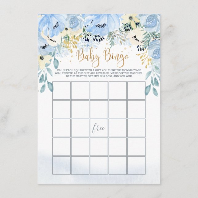 Carte D'accompagnement Aquarelle Blue Floral Baby shower Jeu de Bingo (Devant)