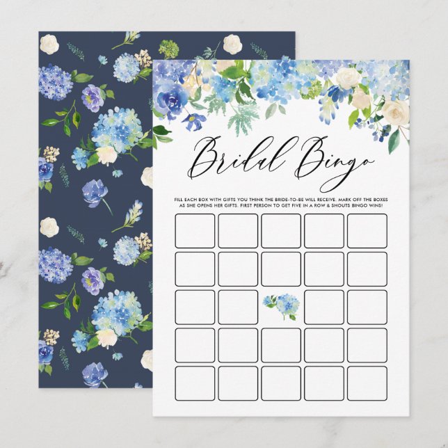 Carte D'accompagnement Aquarelle Blue Hydrangea Fête des mariées Bingo (Devant / Derrière)