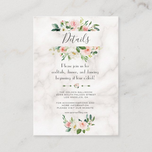 Carte D'accompagnement Aquarelle Blush Floral Marble Détails du Mariage (Devant)