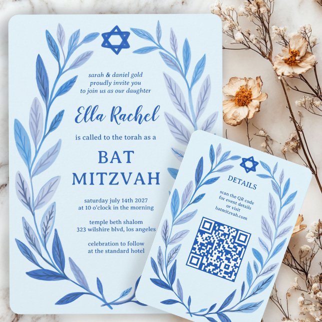 Carte D'accompagnement Aquarelle botanique CUSTOM QR Bar Bat mitzvah (Botanical Watercolor CUSTOM QR Bar Bat Mitzvah Enclosure Card
)
