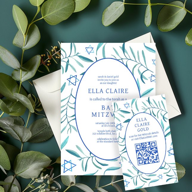 Carte D'accompagnement Aquarelle Botanique Star David Bar Bat mitzvah QR (Watercolor Botanical Star David Bar Bat Mitzvah QR Enclosure Card
)