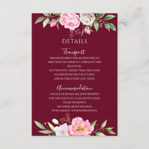 Carte D'accompagnement Aquarelle Bourgogne Floral Elégant Mariage Détails