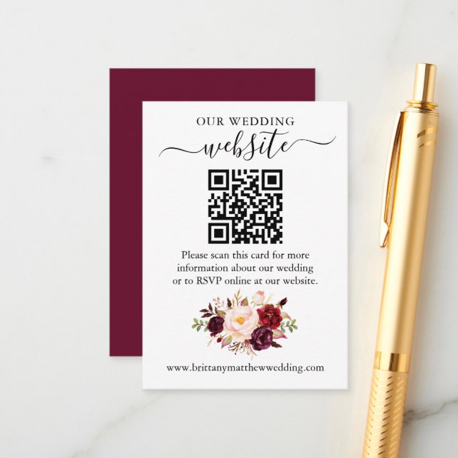 Carte D'accompagnement Aquarelle Bourgogne Floral QR Site Mariage (Devant/Arrière en situation)