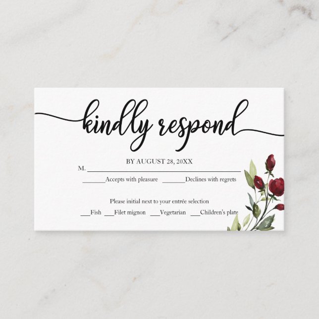 Carte D'accompagnement Aquarelle Bourgogne Mariage Floral RSVP Rustique (Devant)