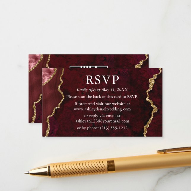Carte D'accompagnement Aquarelle Burgundy Marbre Mariage RSVP QR Retour (Devant/Arrière en situation)