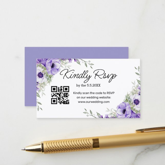 Carte D'accompagnement aquarelle code QR mariage RSVP floral pourpre (Devant/Arrière en situation)