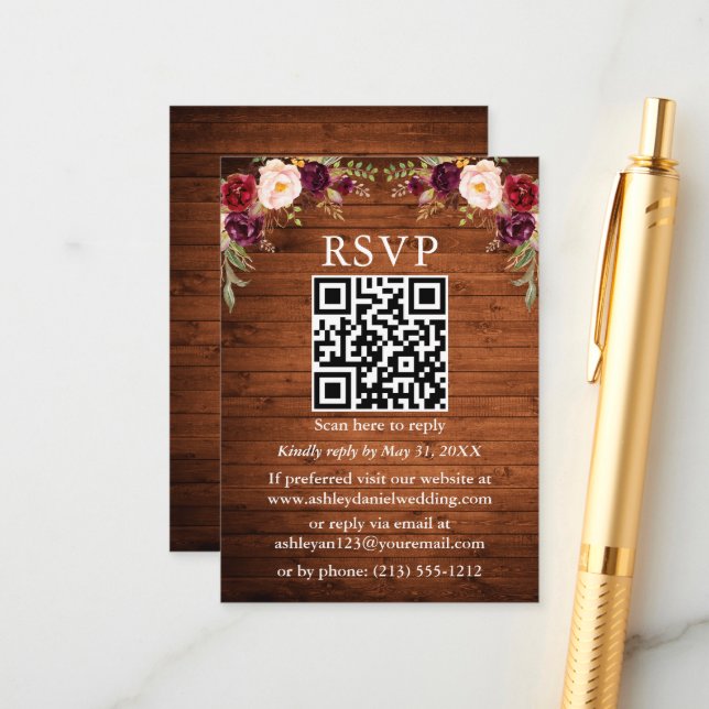 Carte D'accompagnement Aquarelle en bois rustique Bourgogne Floral QR RSV (Devant/Arrière en situation)