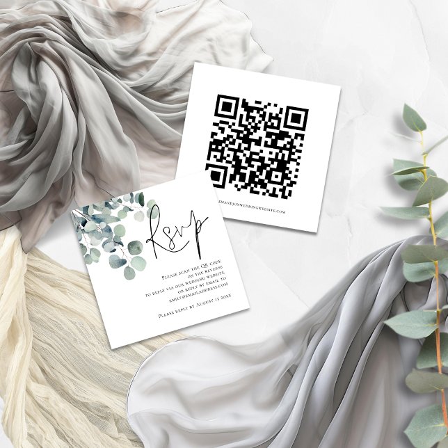 Carte D'accompagnement Aquarelle Eucalyptus Script QR Code Mariage RSVP (Front and back view)