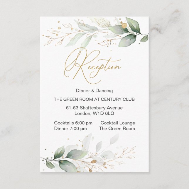 Carte D'accompagnement Aquarelle feuillage vert & or Réception (Devant)