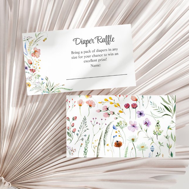 Carte D'accompagnement Aquarelle Fleur sauvage Meadow Diaper Raffle (Watercolor Wildflower Meadow Diaper Raffle Enclosure Card on a white dry palm leaf.)