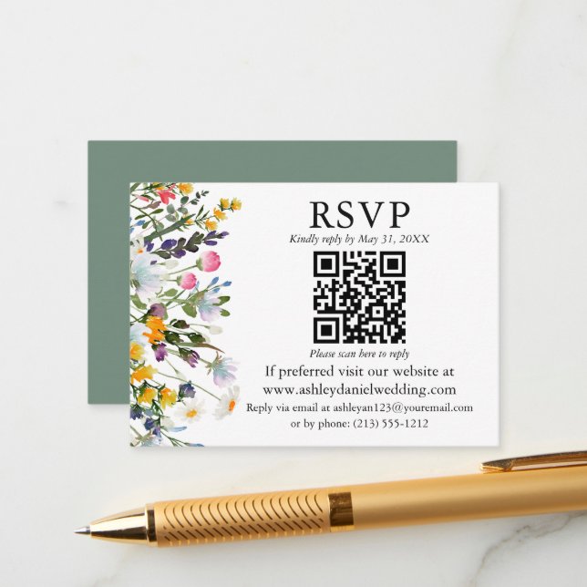 Carte D'accompagnement Aquarelle Fleur sauvage QR RSVP Mariage Sage Green (Devant/Arrière en situation)
