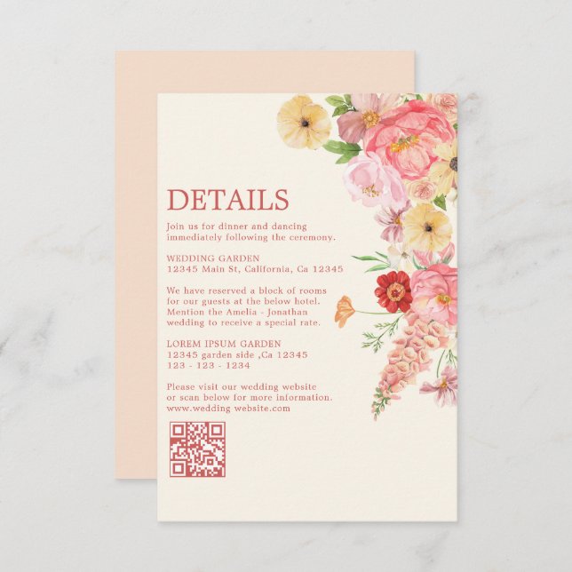 Carte D'accompagnement Aquarelle fleurie beurre jaune Mariage qr code (Devant / Derrière)