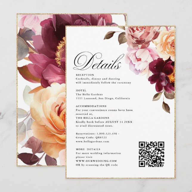 Carte D'accompagnement Aquarelle Floral Bourgogne Détails RSVP&QR Mariage (Devant / Derrière)