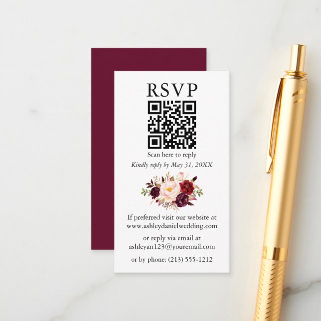 Carte D'accompagnement Aquarelle Floral Mariage QR Bourgogne RSVP (Devant/Arrière en situation)