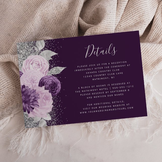 Carte D'accompagnement Aquarelle Floral Purple Silver Détails du Mariage (Créateur téléchargé)