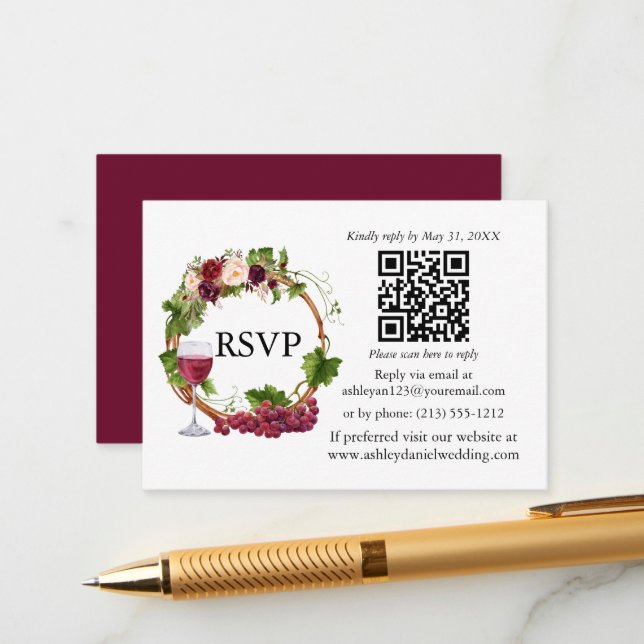 Carte D'accompagnement Aquarelle Florale Vins de raisin Wreath QR RSVP (Devant/Arrière en situation)