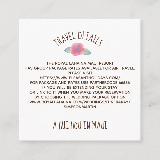 Carte D'accompagnement Aquarelle Hibiscus Maui Mariage (Devant)