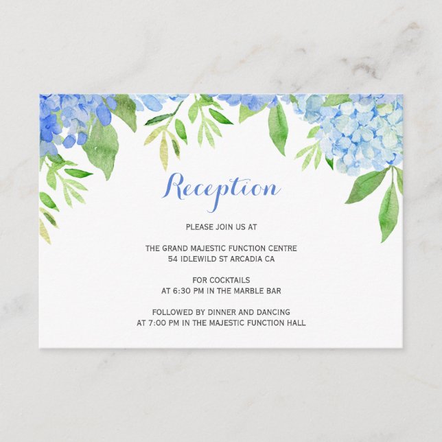Carte D'accompagnement Aquarelle Hydrangea Blue Floral Mariage Réception (Devant)