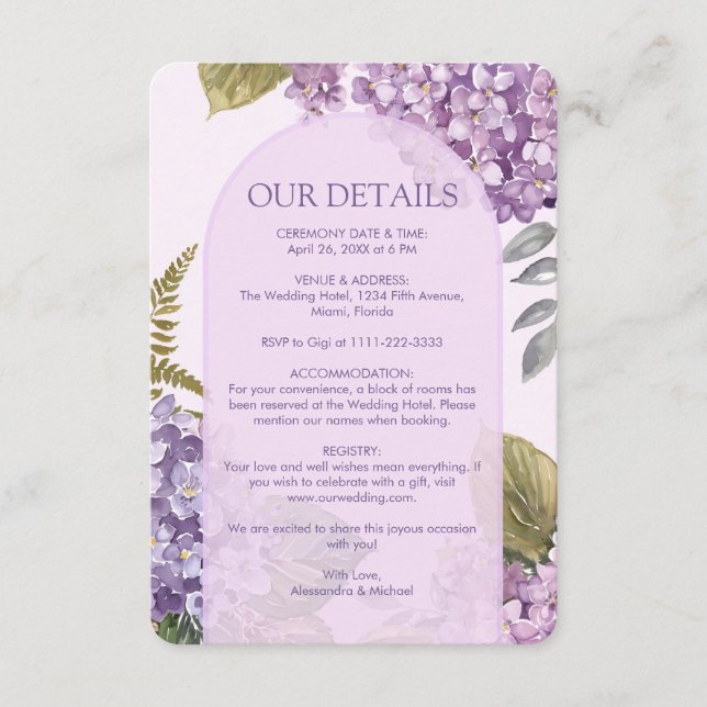 Carte D'accompagnement Aquarelle Lavender Hydrangea Fern Feuille Mariage (Devant)