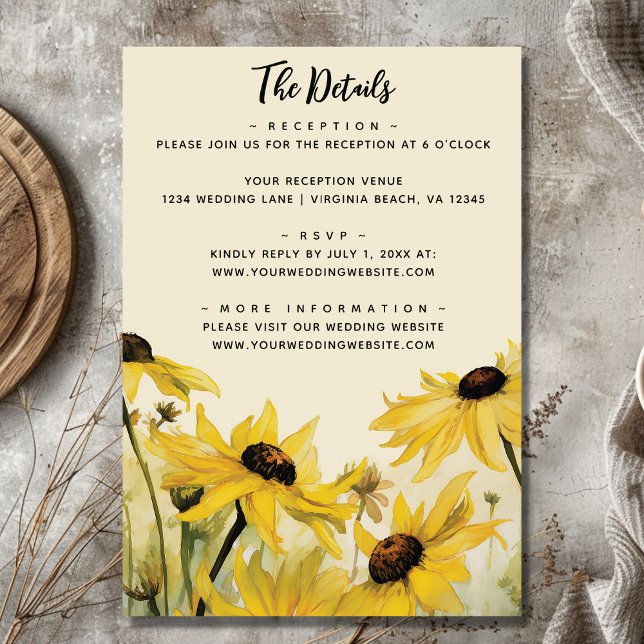 Carte D'accompagnement Aquarelle marguerites jaunes | Détails du Mariage  (Front - Watercolor Yellow Daisies  Daisy Wedding Details Enclosure Card)