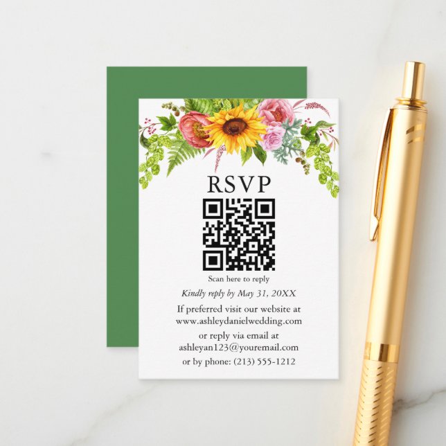 Carte D'accompagnement Aquarelle Mariage de fleurs de tournesol QR RSVP v (Devant/Arrière en situation)