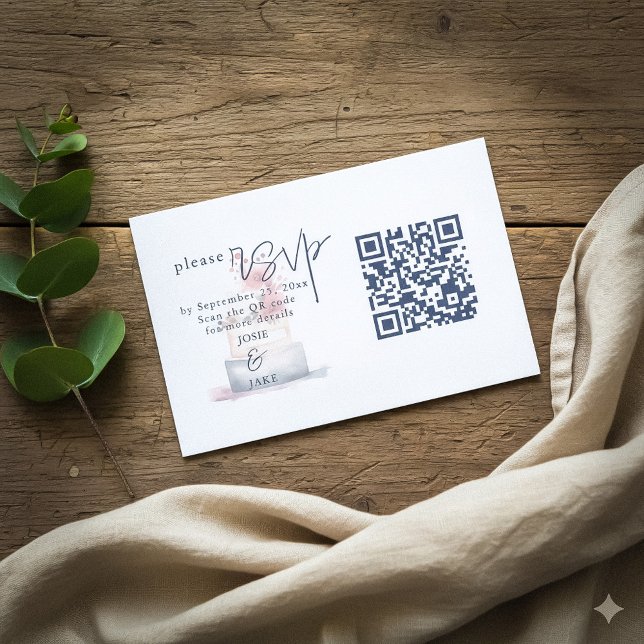 Carte D'accompagnement Aquarelle mariage de gâteau Illustration QR Code (Watercolor wedding cake RSVP card with QR code for easy response.)