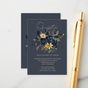 Carte D'accompagnement Aquarelle Midnight Bleu Gold Réception Florale