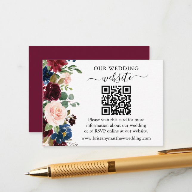 Carte D'accompagnement Aquarelle Mixte Floral Mariage Website QR (Devant/Arrière en situation)