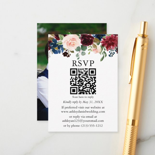 Carte D'accompagnement Aquarelle Mixte Floral Photo Mariage QR RSVP (Devant/Arrière en situation)