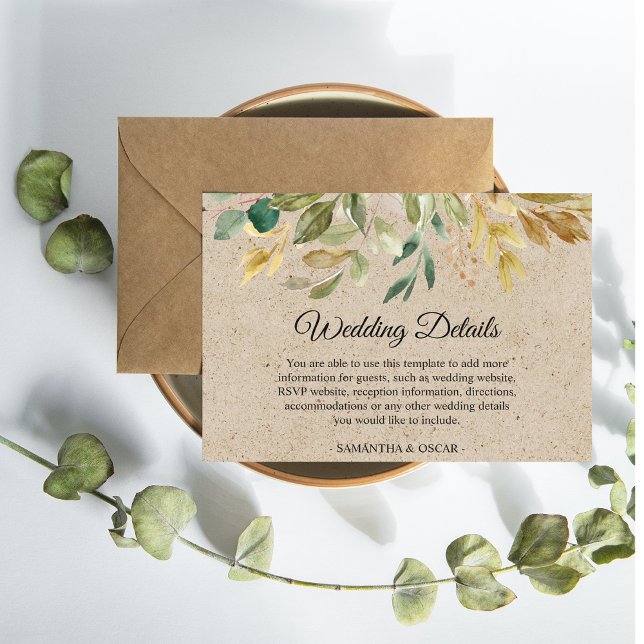 Carte D'accompagnement Aquarelle moderne Vert Feuille Kraft Cadre & Or (Créateur téléchargé)