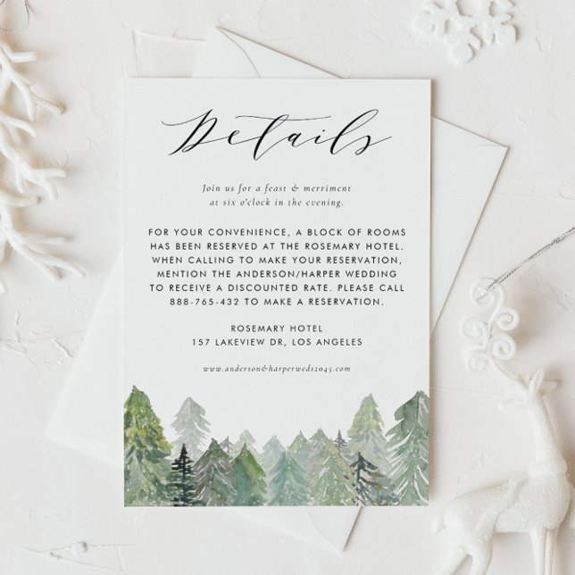 Carte D'accompagnement Aquarelle neige À feuillage persistant Forest Déta (This snowy evergreen forest details card sets the tone for your winter celebration.)