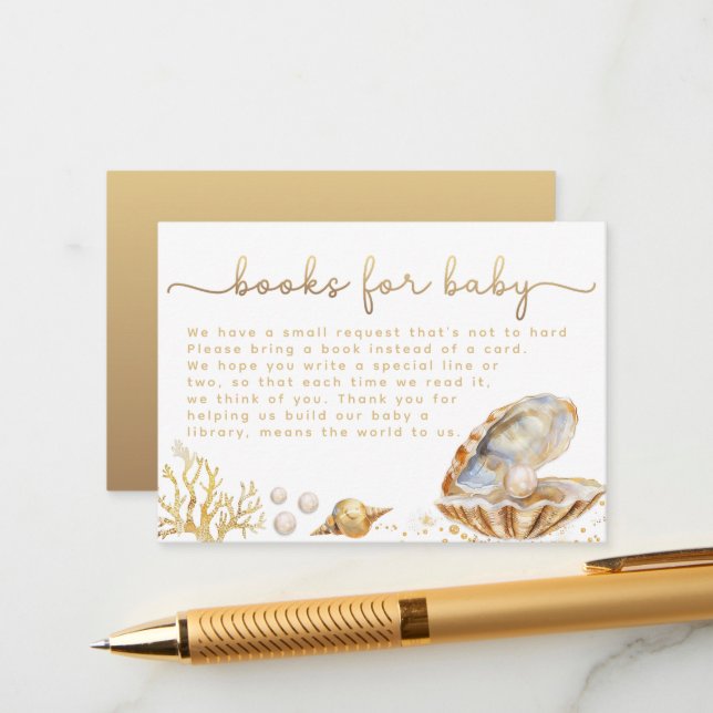 Carte D'accompagnement Aquarelle Ocean Little Pearl Baby shower Livre Req (Devant/Arrière en situation)
