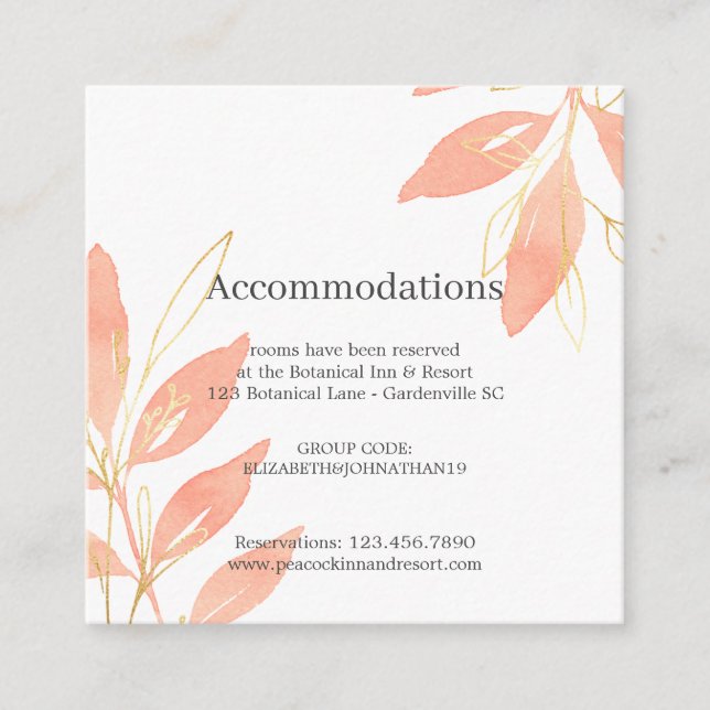 Carte D'accompagnement Aquarelle or Peach Floral Mariage Hébergement (Devant)