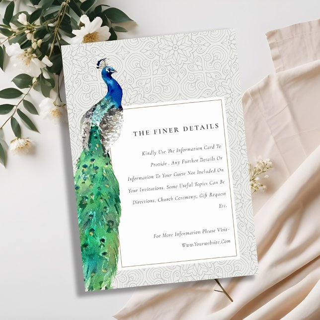 Carte D'accompagnement Aquarelle Ornée Classée Peacock Détails du Mariage (Créateur téléchargé)