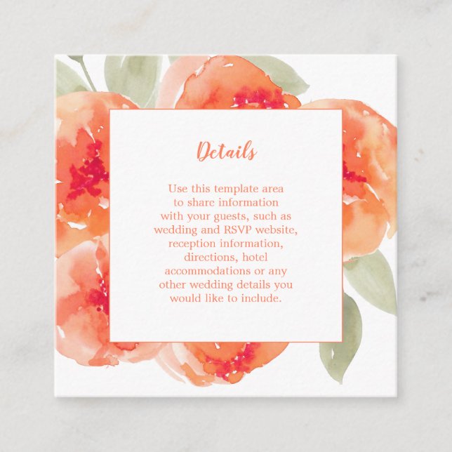 Carte D'accompagnement Aquarelle Peach Peonies Floral Mariage Détails (Devant)