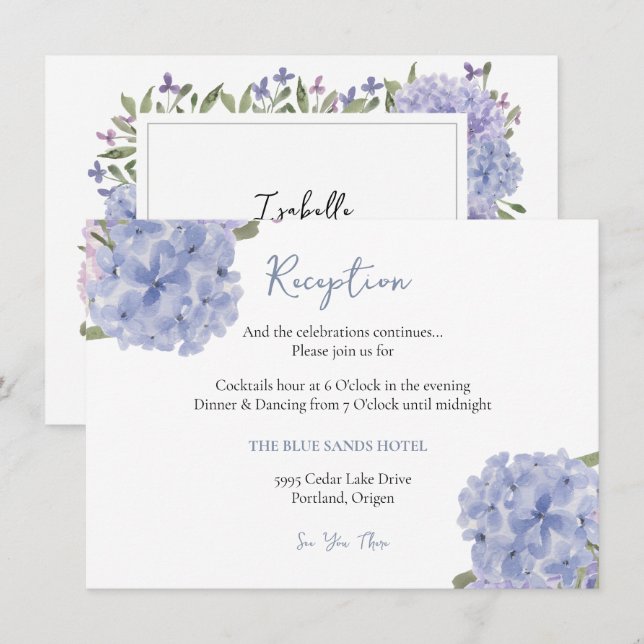 Carte D'accompagnement Aquarelle Réception Florale Hydrangea Bleu Poussié (Devant / Derrière)