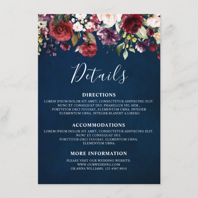 Carte D'accompagnement Aquarelle romantique Bourgogne Rouge Marine Floral (Devant)