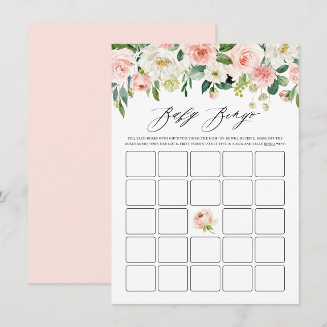 Carte D'accompagnement Aquarelle rose Baby shower Floral Garland Bingo (Devant / Derrière)
