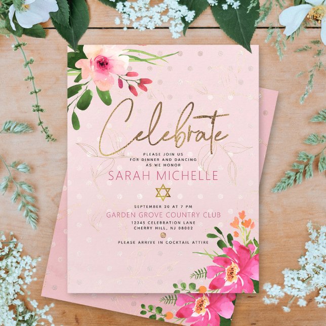Carte D'accompagnement Aquarelle rose bat mitzvah Floral Script moderne (Créateur téléchargé)