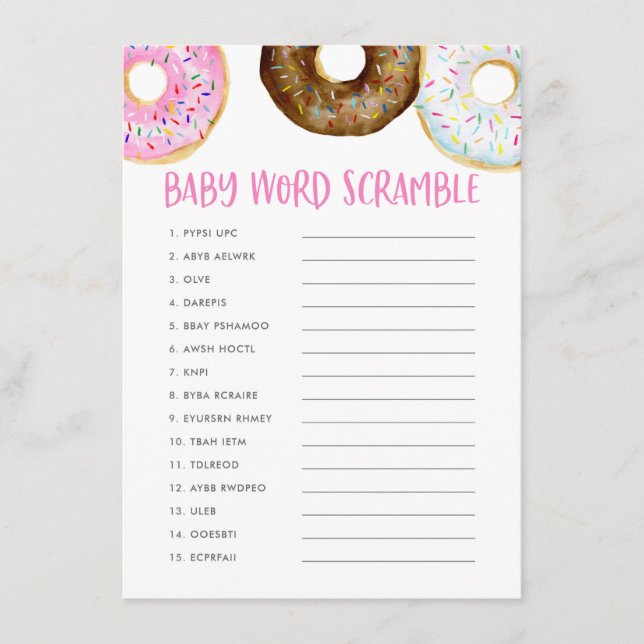 Carte D'accompagnement Aquarelle rose beignets Baby shower Word Scramble (Devant)