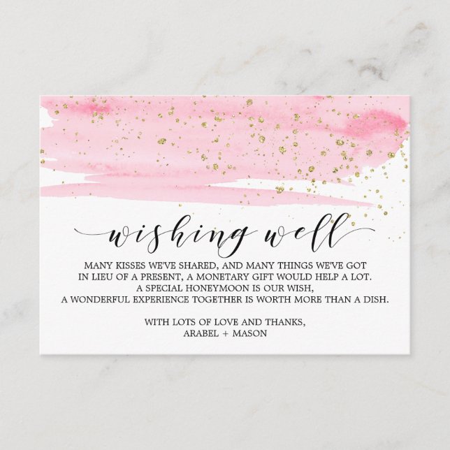 Carte D'accompagnement Aquarelle rose Blush & Or Mariage Wishing well (Devant)