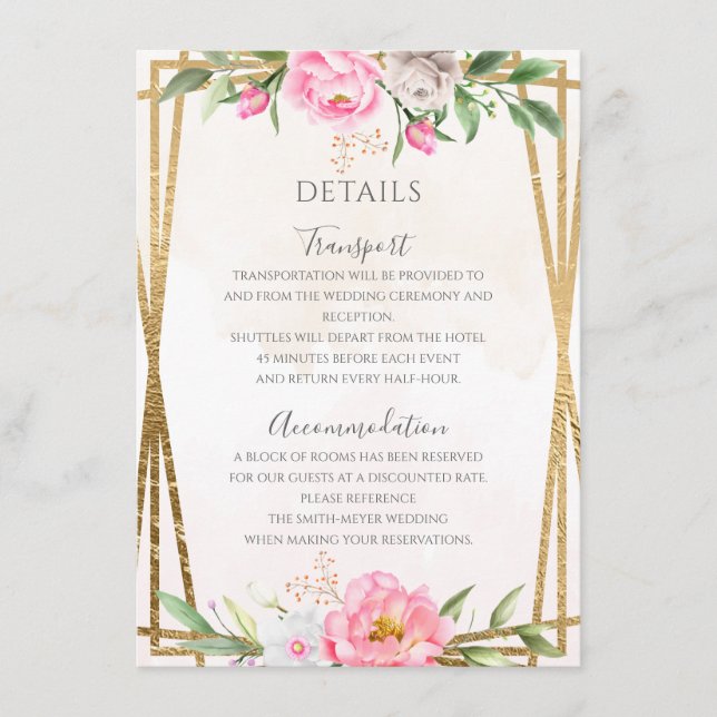 Carte D'accompagnement Aquarelle rose Floral Détails du Mariage géométriq (Devant)