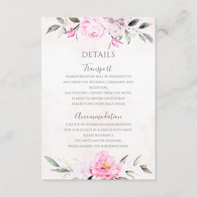 Carte D'accompagnement Aquarelle rose Floral Élégant Détails de mariage (Devant)