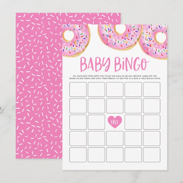 Carte D'accompagnement Aquarelle rose mignonne Bingo Baby shower de donut (Devant / Derrière)